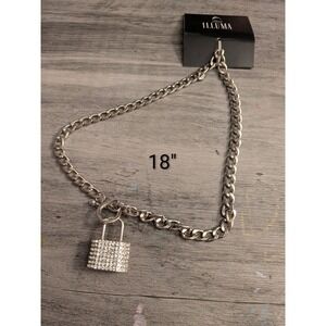 Illuma Silver Tone Rhinestone Padlock Pendant Curb Chain Necklace 18 Inch